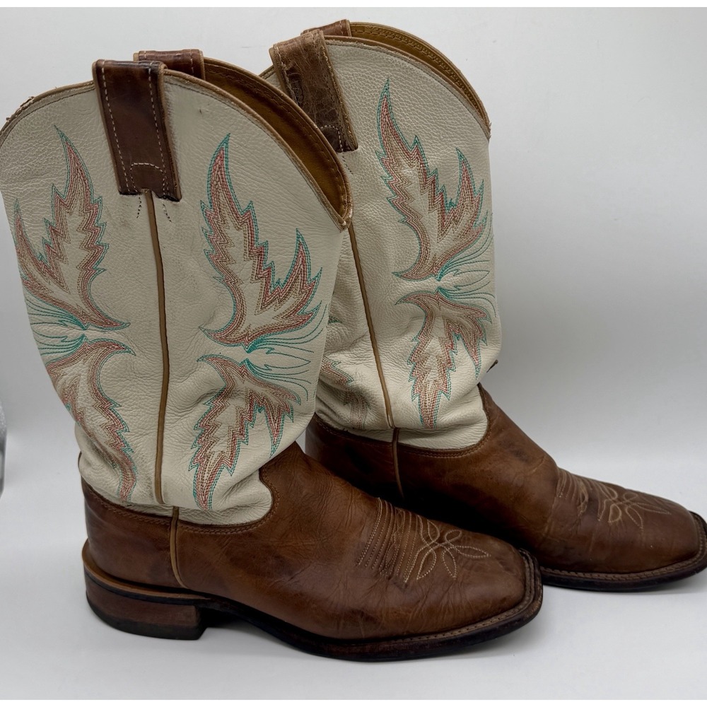 Justin USA Western Cowboy Boots Size 8 B Brown Cream Leather Square Toe Women's